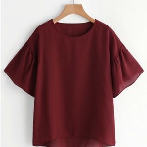 Fluted Sleeve Dip Hem Chiffon Blouse
